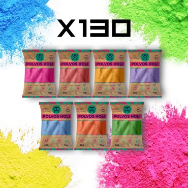 Pack Fiesta Holi 130 Sobres 75 gr - 50 Personas