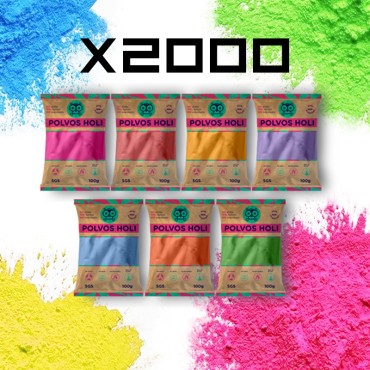 Pack 2000 bolsas de Polvos Holi 100 gramos